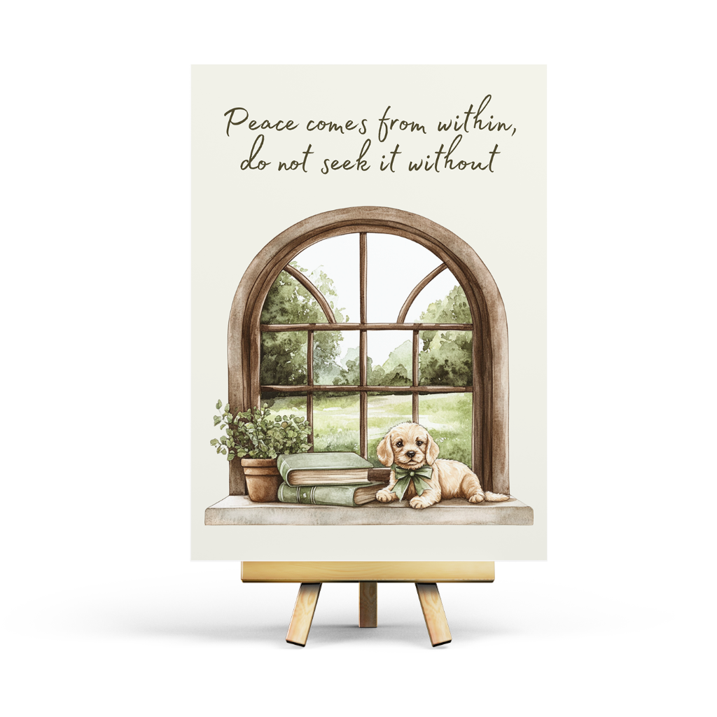 Decorative sign with a puppy, books, and window illustration with 'Peace comes from within, do not seek it without' text.