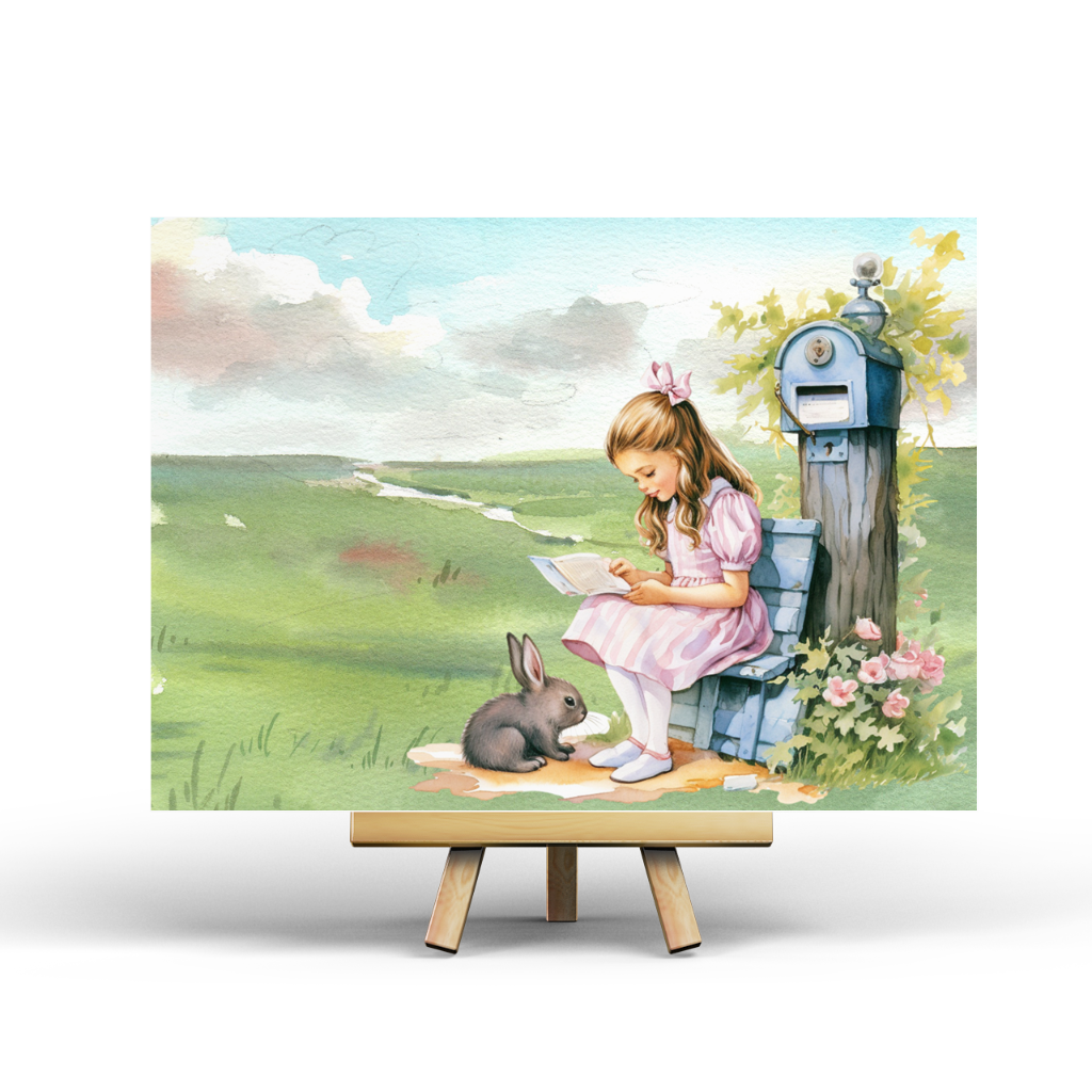 Illustration of a girl reading to a rabbit in a pastoral setting with a mailbox and flowers.