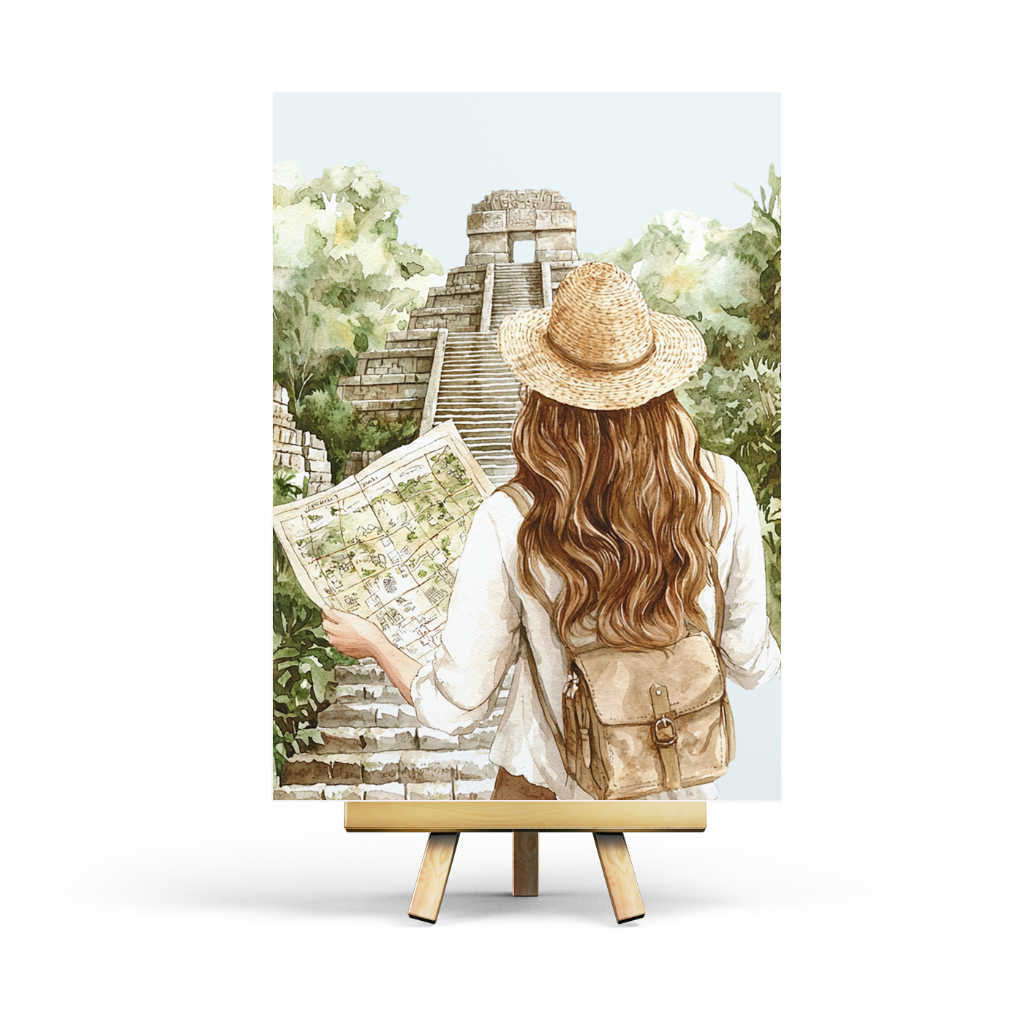 Illustration of a woman with a hat and backpack holding a map, standing in front of a temple.