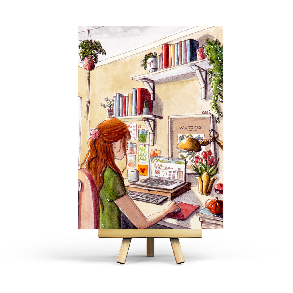 Illustration of a woman working at a desk in a cozy room with books and plants.