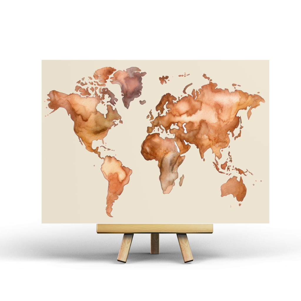 World map with watercolor texture on a stand against a white background