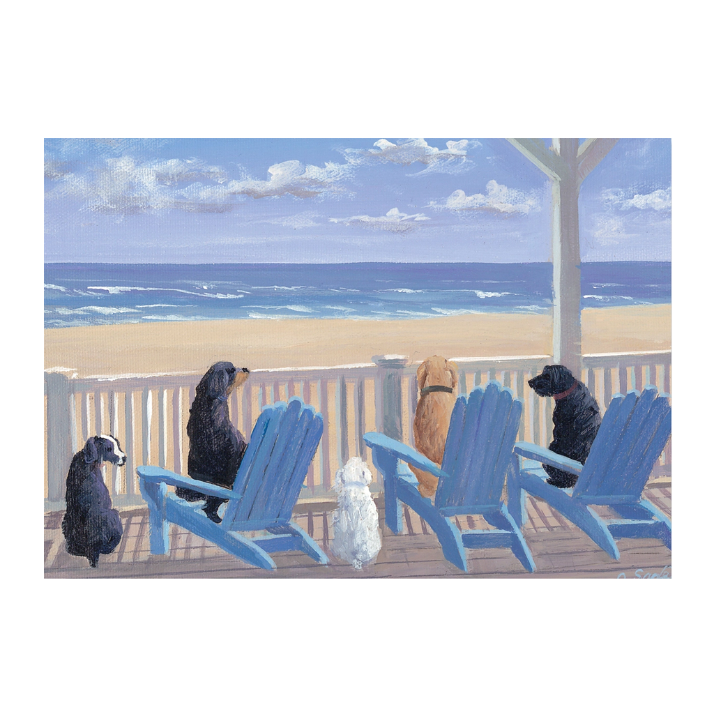 Artistic depiction of four dogs on blue Adirondack chairs looking at the ocean.