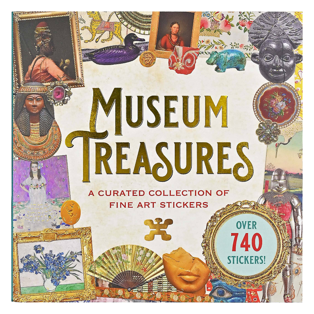 'Museum Treasures' sticker book with various stickers and text on a white background