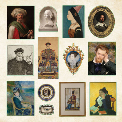Collage of various portraits and decorative items on a beige background