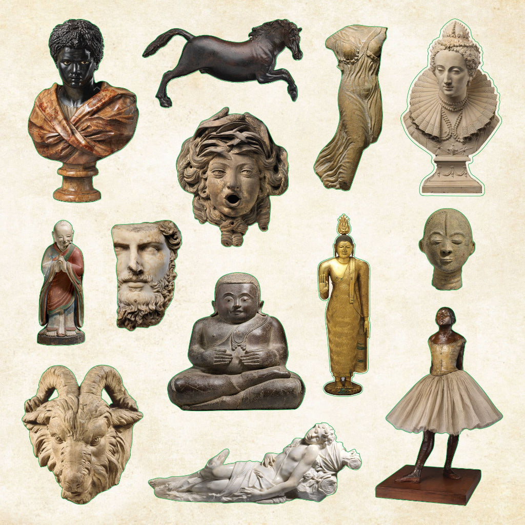 Collection of various classical sculptures and figurines on a beige background