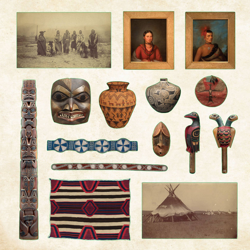 Collection of Native American artifacts including masks, pottery, and a woven blanket on a beige background.