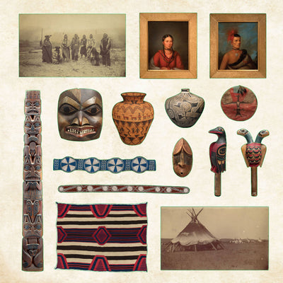 Collection of Native American artifacts including masks, pottery, and a woven blanket on a beige background.