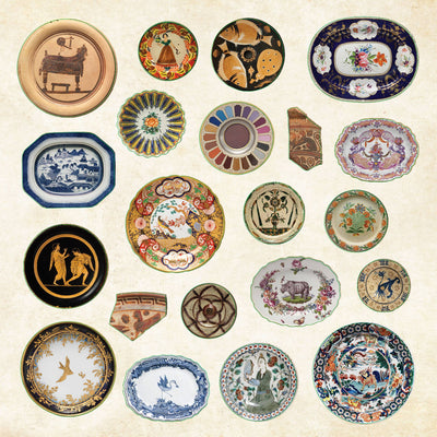 Collection of various ceramic plates with different designs on a beige background