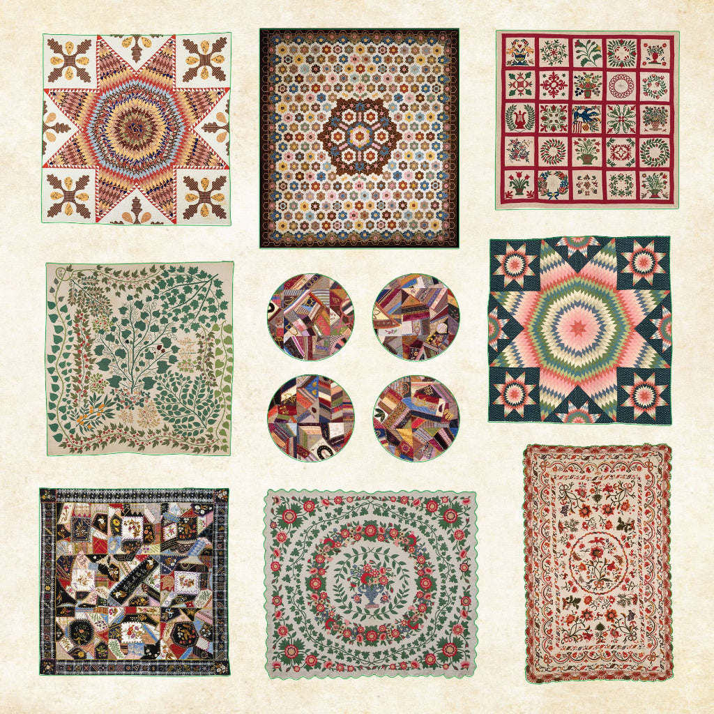 Collection of various quilt patterns on a beige background