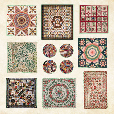 Collection of various quilt patterns on a beige background