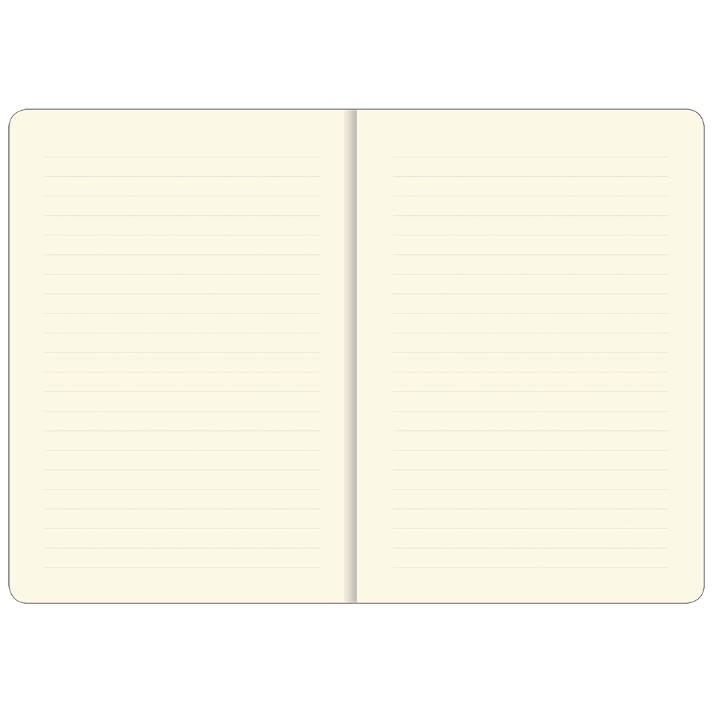 Open lined notebook with cream-colored pages on a white background