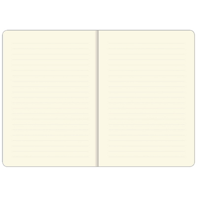 Open lined notebook with cream-colored pages on a white background