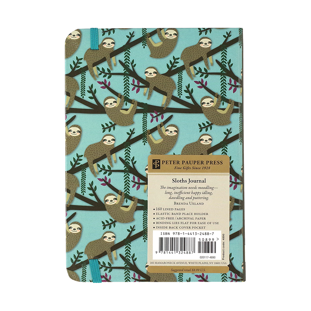 Journal with sloth design on a blue background, featuring Peter Pauper Press branding.