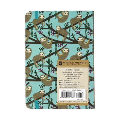 Journal with sloth design on a blue background, featuring Peter Pauper Press branding.