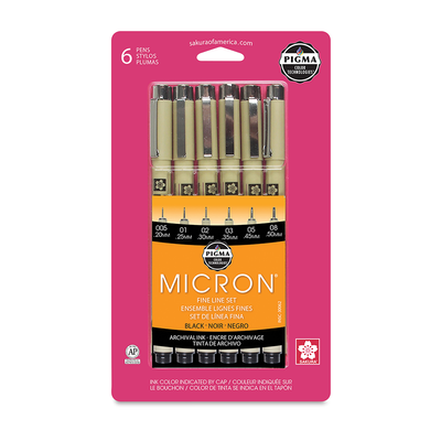 Pigma Micron Fine Line Pen Set, Black, Set of 6