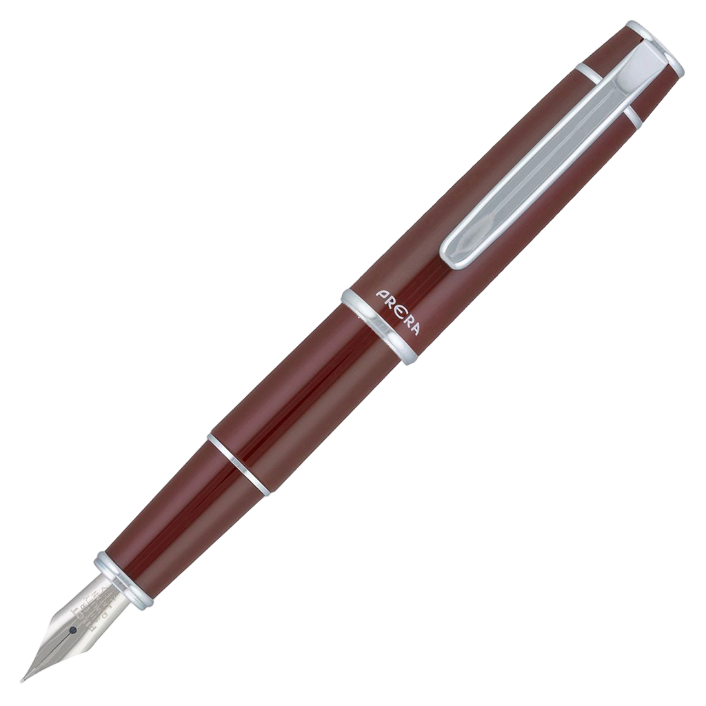 Brown fountain pen with silver accents on a white background