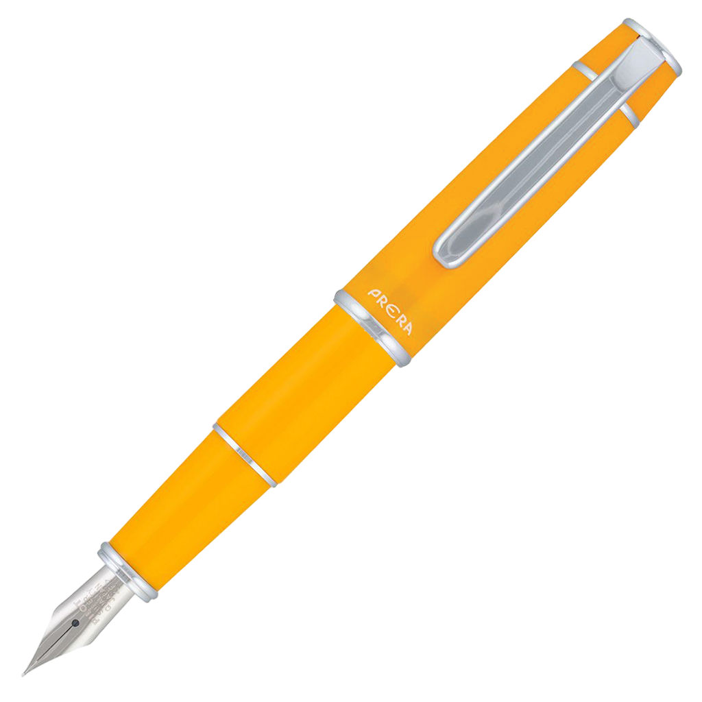 Yellow fountain pen with silver accents on a white background