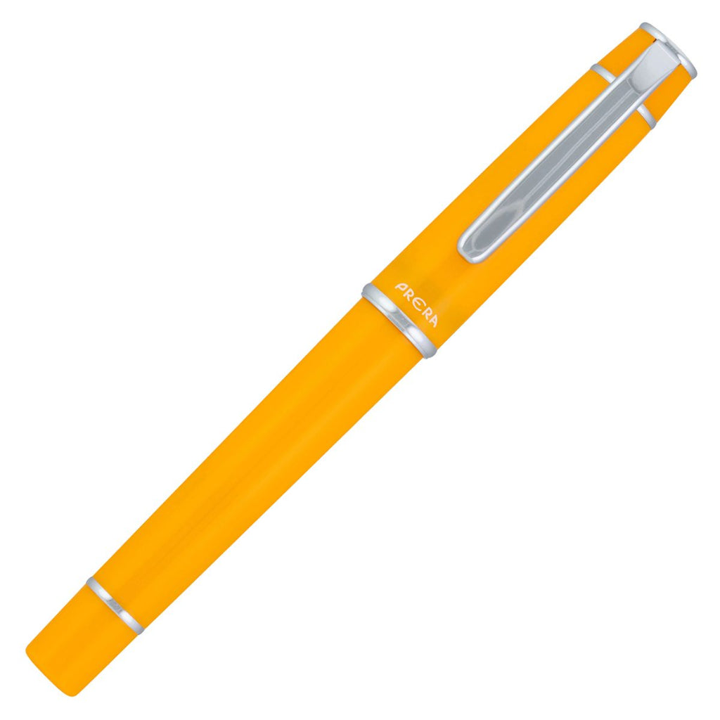Yellow pen with silver accents on a white background