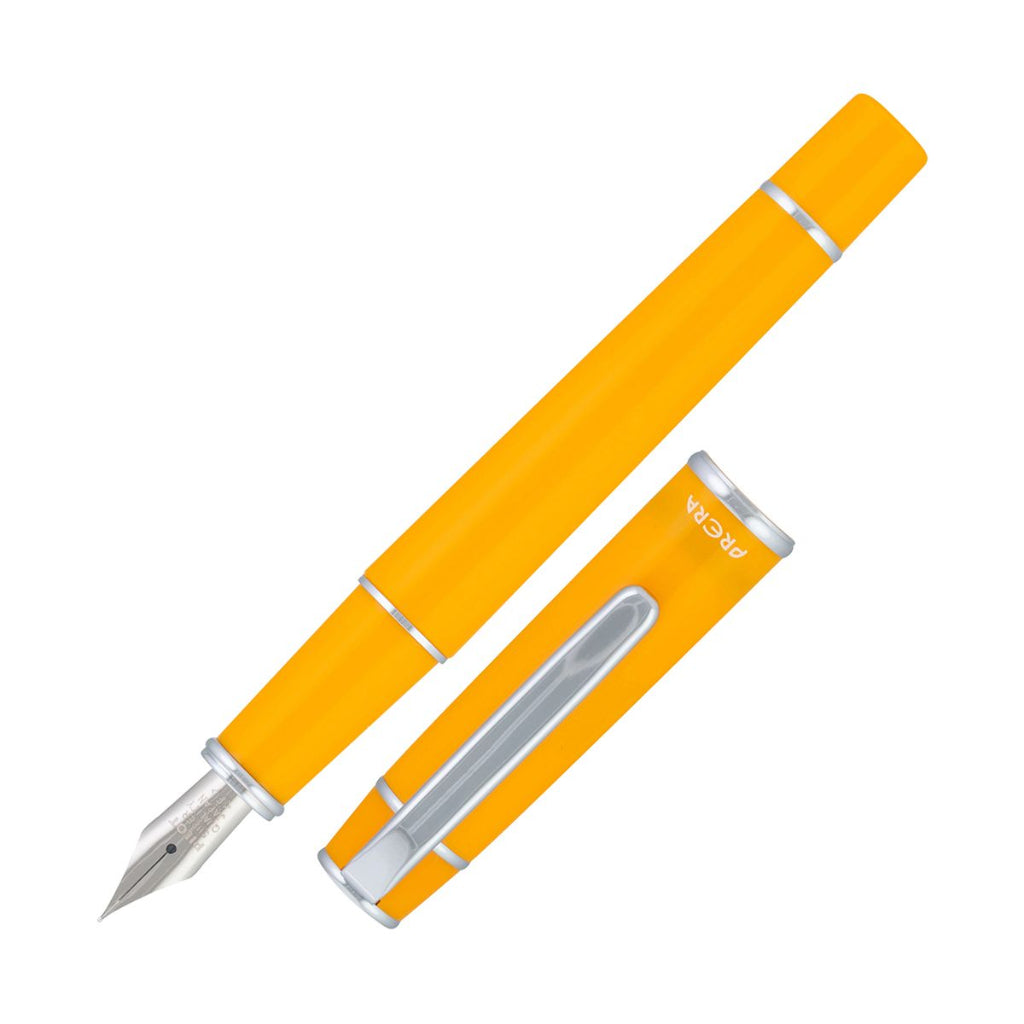 Yellow fountain pen with silver accents on a white background