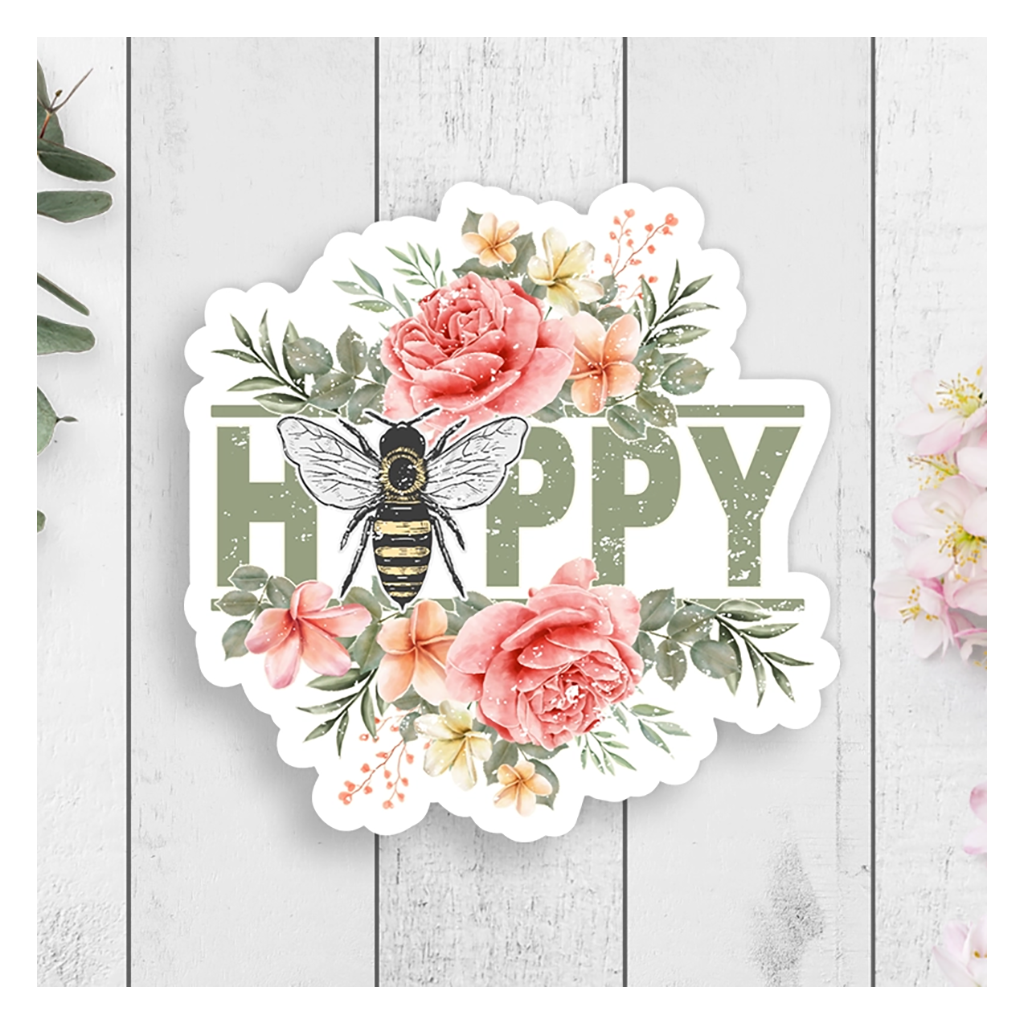 Bee Happy Floral Clear Vinyl Sticker, 3"