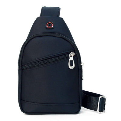 Black sling bag with a zipper on a white background