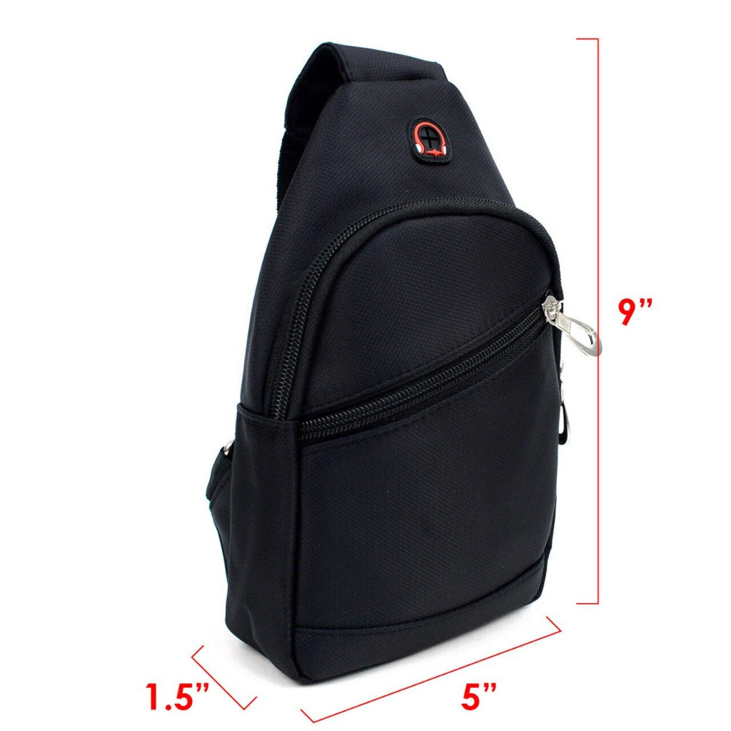 Black sling bag with measurements on a white background