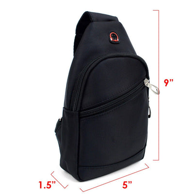 Black sling bag with measurements on a white background