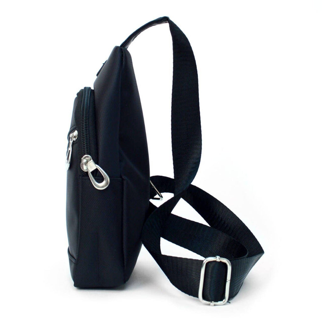 Black sling bag with a strap on a white background