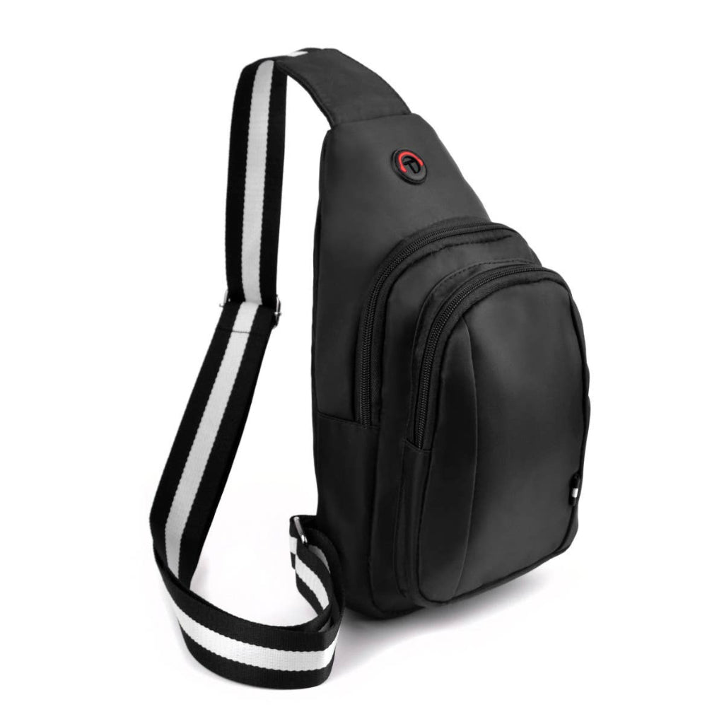 Black sling bag with reflective strap on a white background