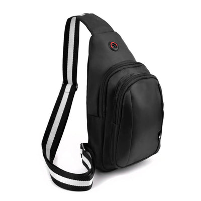 Black sling bag with reflective strap on a white background