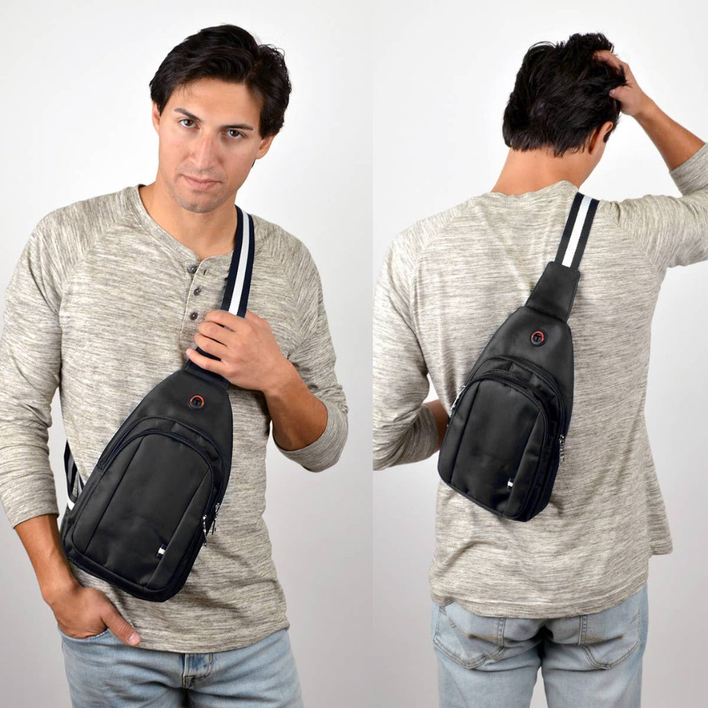 Man wearing a black sling bag from front and back on a plain background
