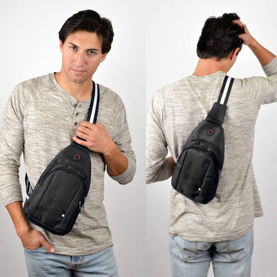 Man wearing a black sling bag from front and back on a plain background