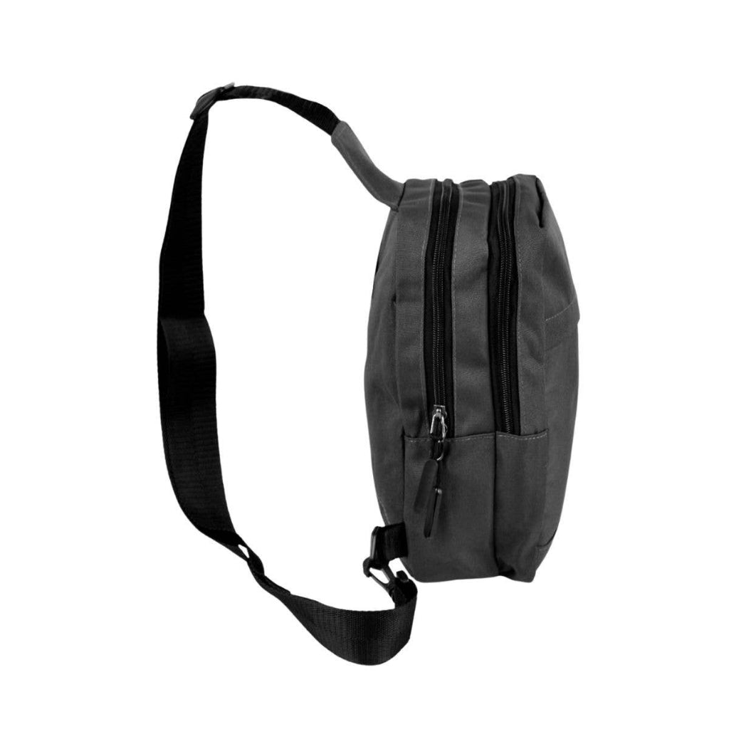 Gray sling bag with a black strap on a white background
