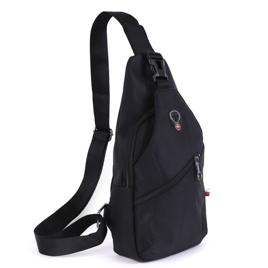 Black sling bag with zippers on a white background