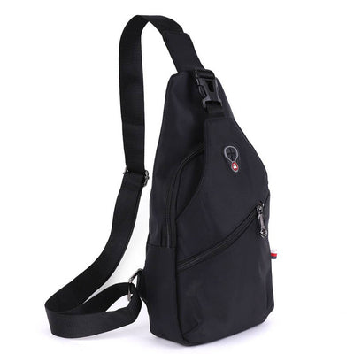 Black sling bag with zippers on a white background