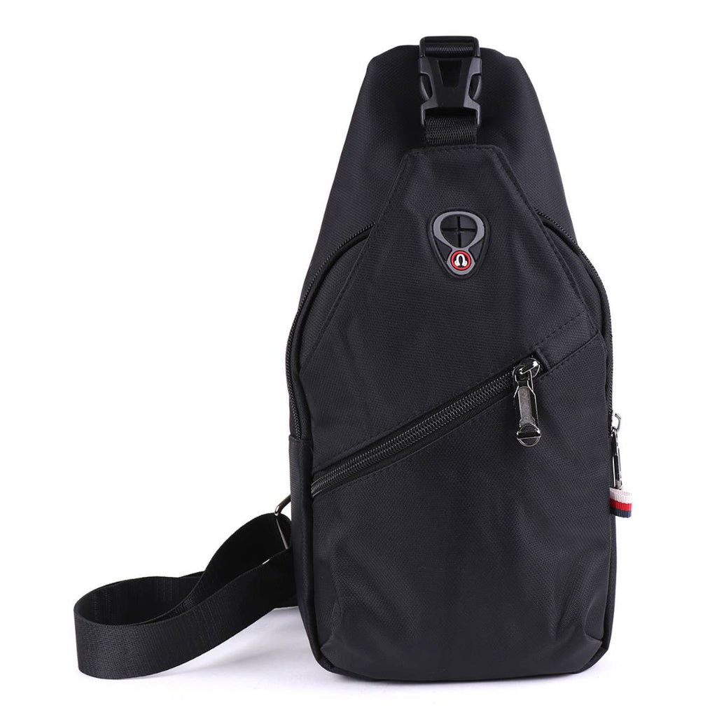 Black sling bag with a visible brand logo on a white background