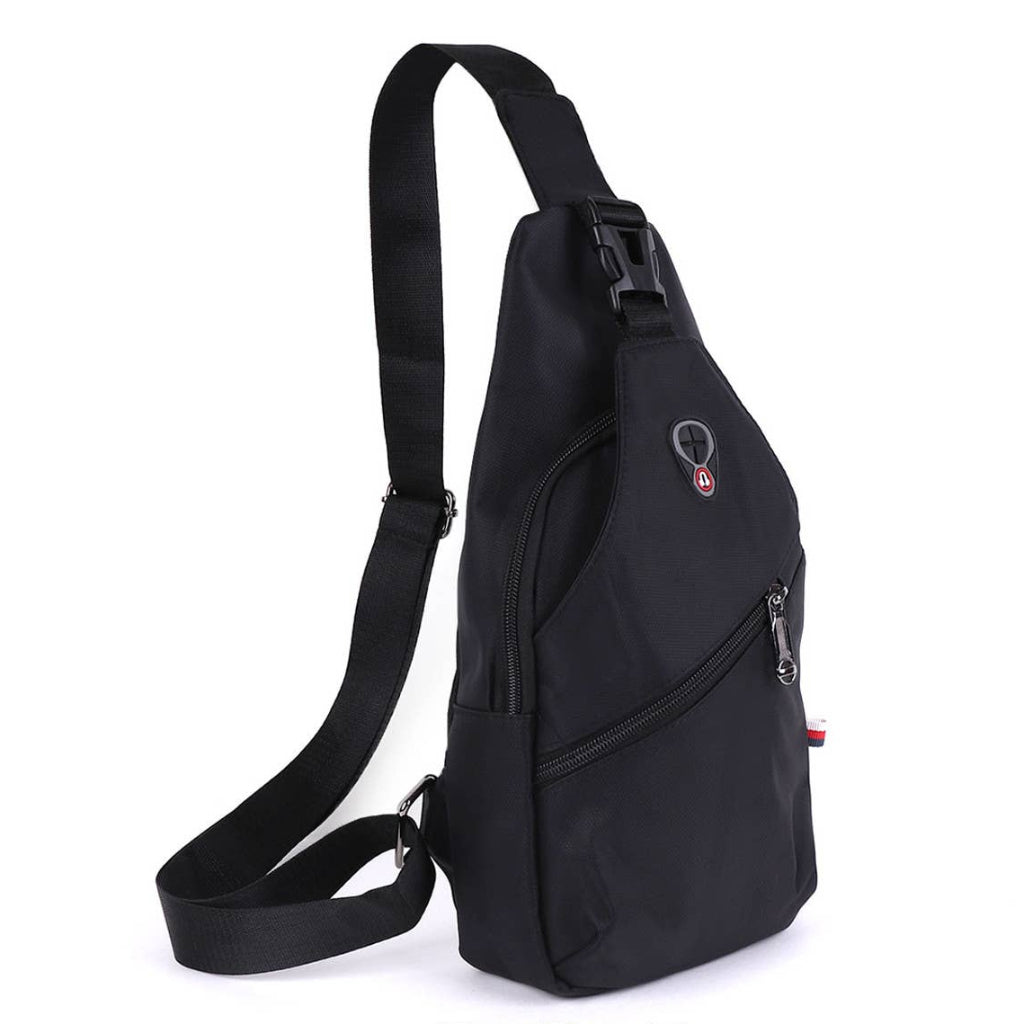 Black sling bag on a white background