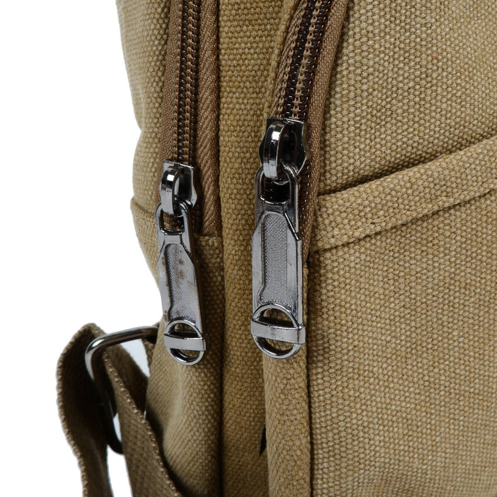 Close-up of a beige backpack with two zippers on a white background