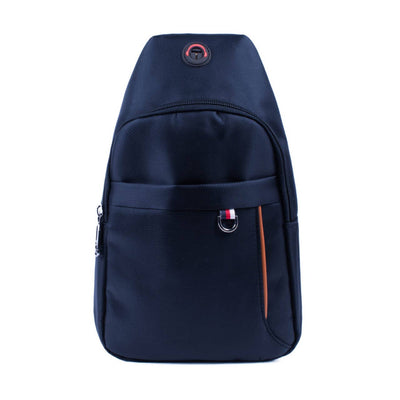 Navy blue backpack with a small flag emblem on a white background