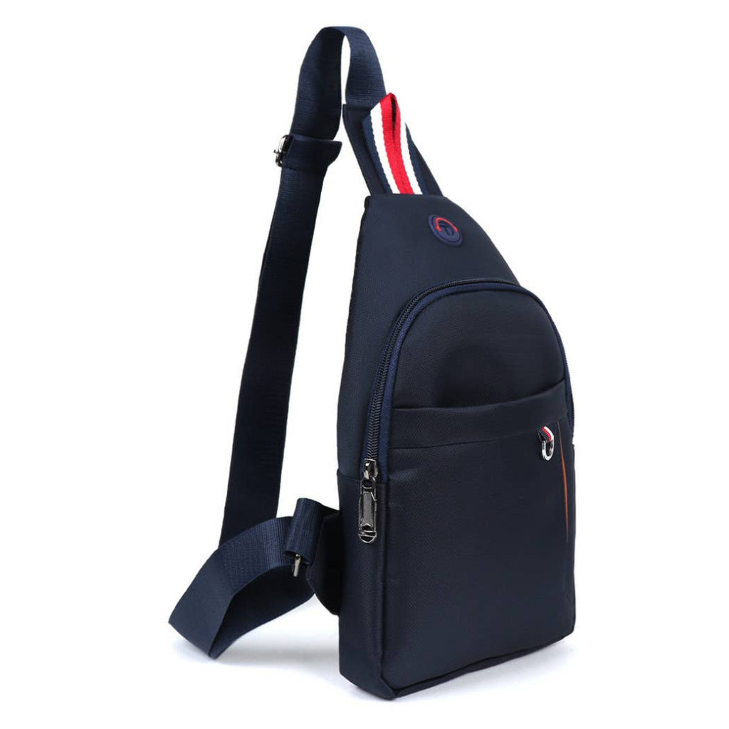 Navy blue sling bag with a strap featuring red and white stripes on a white background.