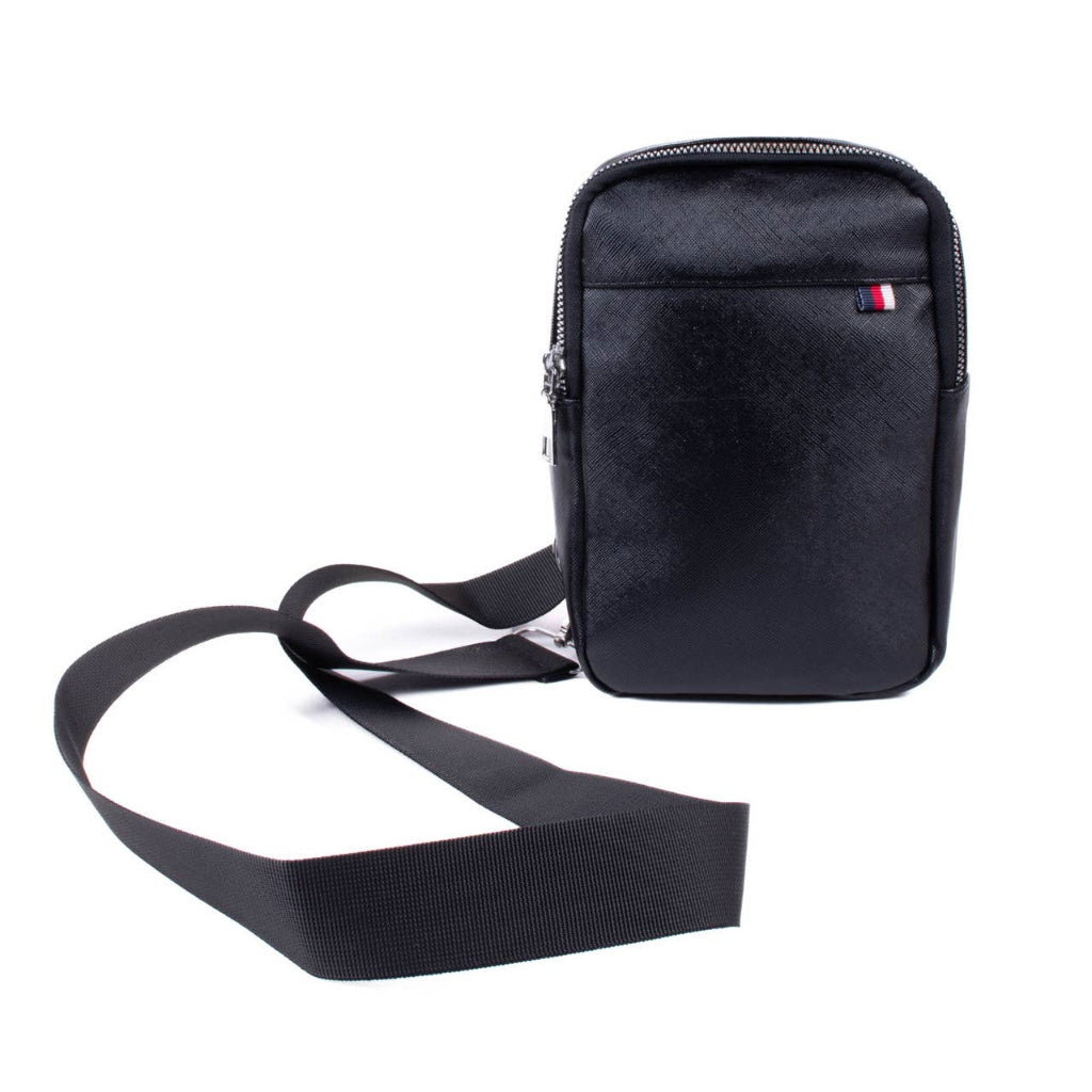 Black crossbody bag with a strap on a white background