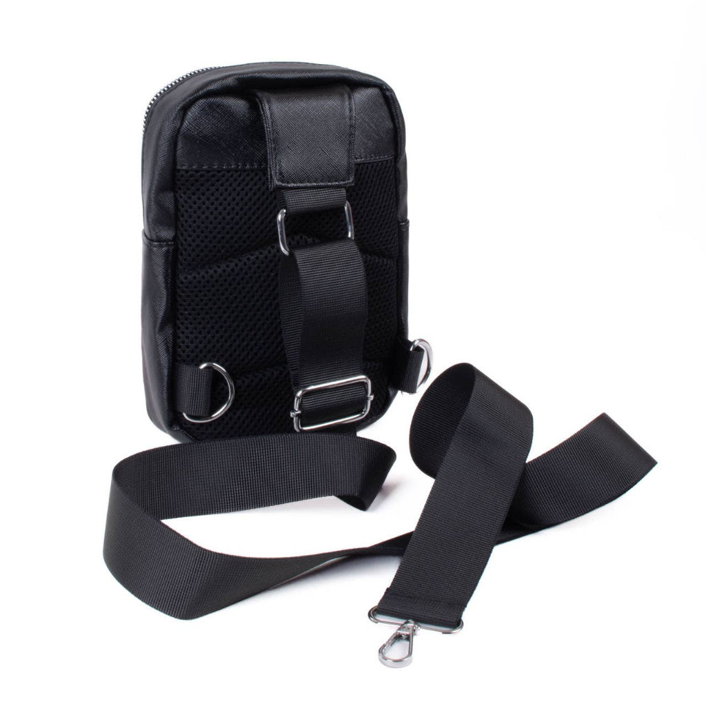 Black shoulder bag with strap on a white background