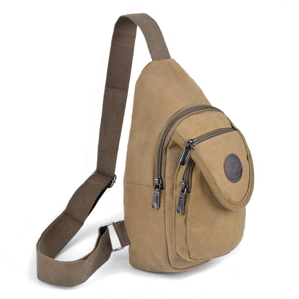 Brown sling bag with a strap on a white background