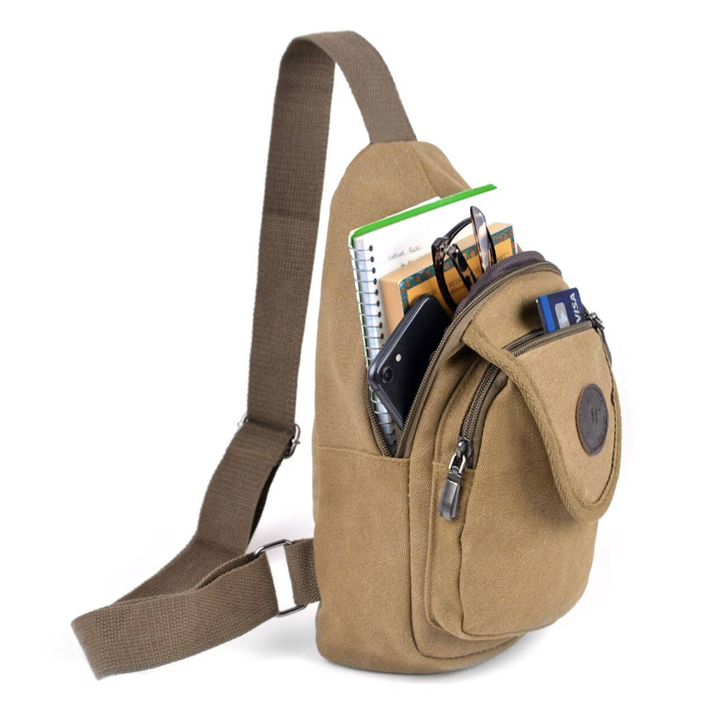 Brown sling bag with compartments and items on a white background