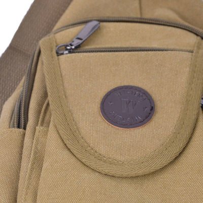 Close-up of a tan backpack with a leather patch on a white background