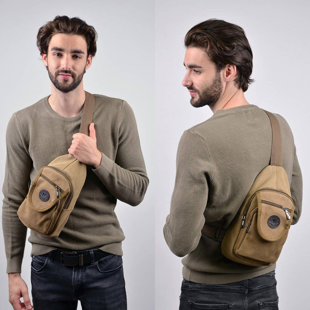 Man holding a brown shoulder bag, showing front and back views against a plain background
