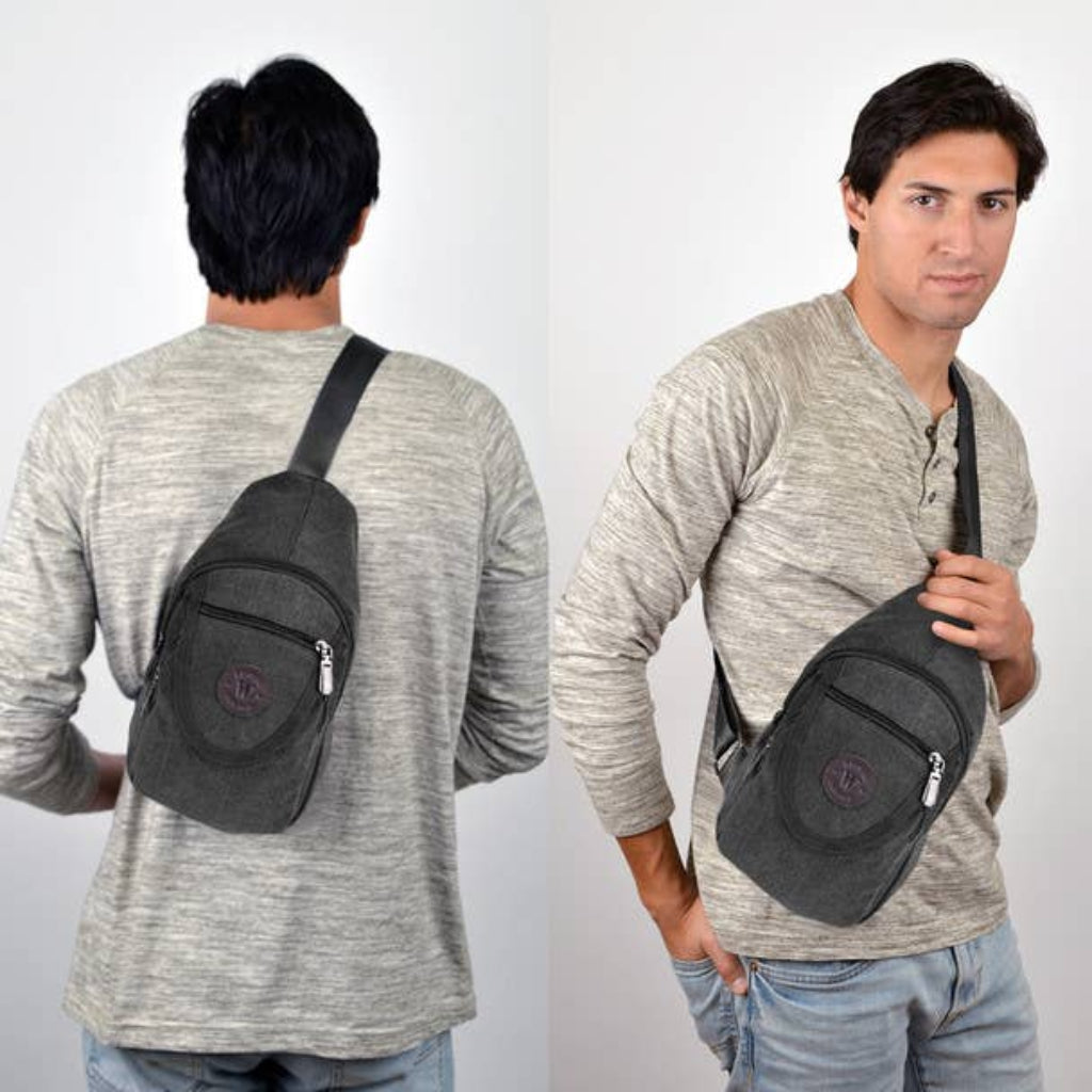 Man wearing a gray sling bag from different angles on a white background