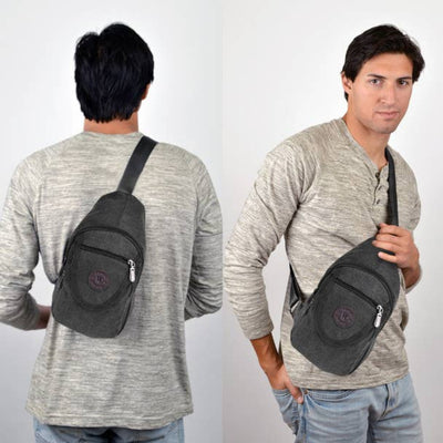 Man wearing a gray sling bag from different angles on a white background