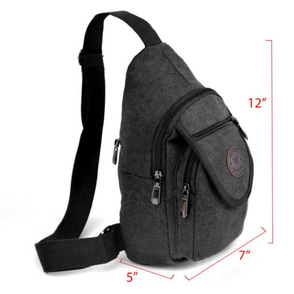 Gray sling bag with measurements on a white background