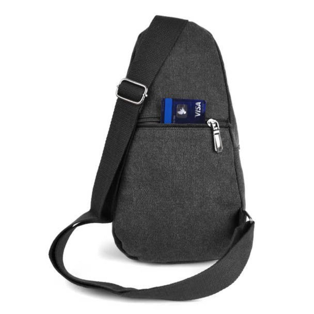 Gray sling bag with a visible Visa card on a white background